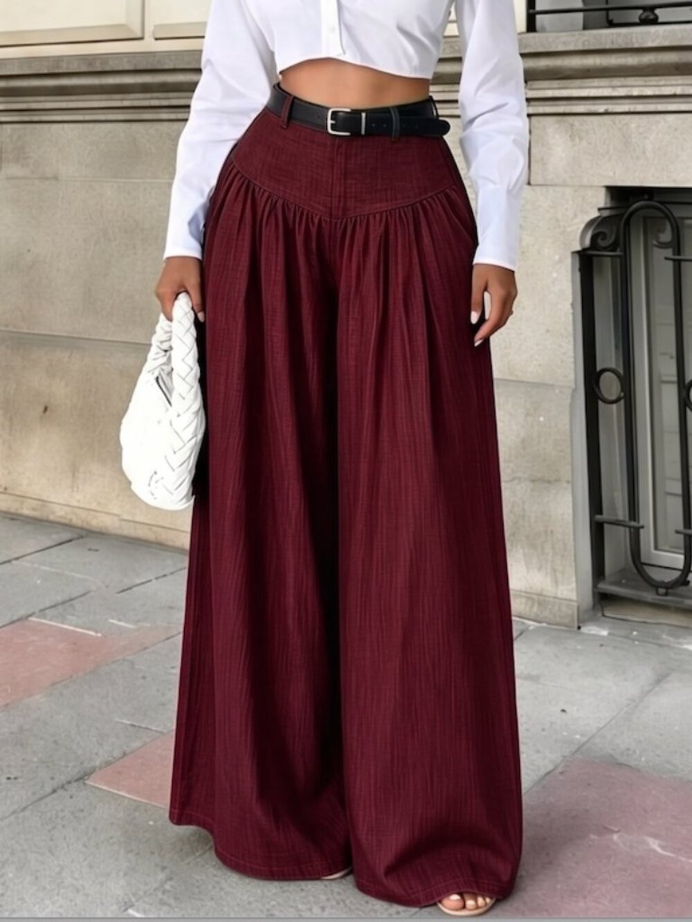 High Waisted Yoke Pleated Wide Leg Palazzo Pants Burgundy - Picture 3 of 9
